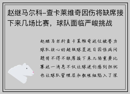 赵继马尔科-查卡莱维奇因伤将缺席接下来几场比赛，球队面临严峻挑战